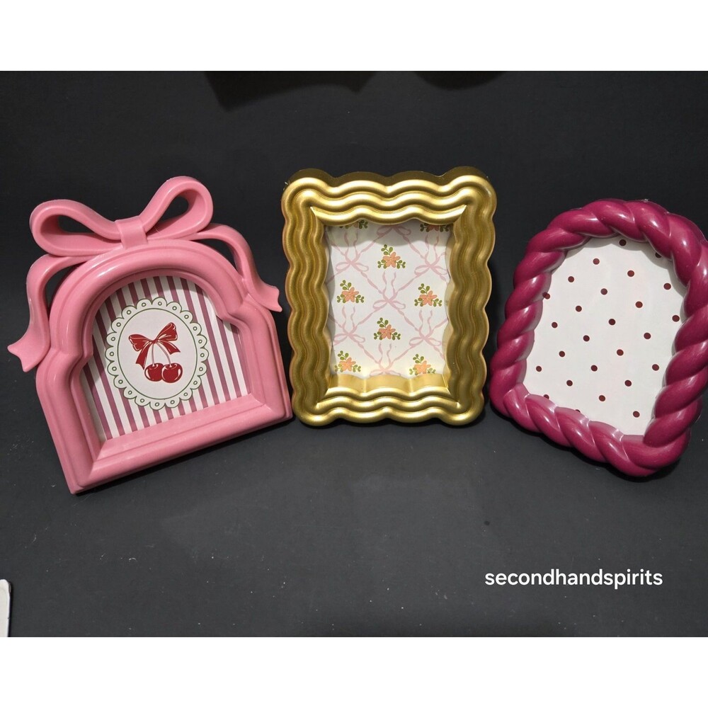 Coquette Cottagecore Mini Picture Frames Set of 3 Pink Bow Gold Oval Tabletop